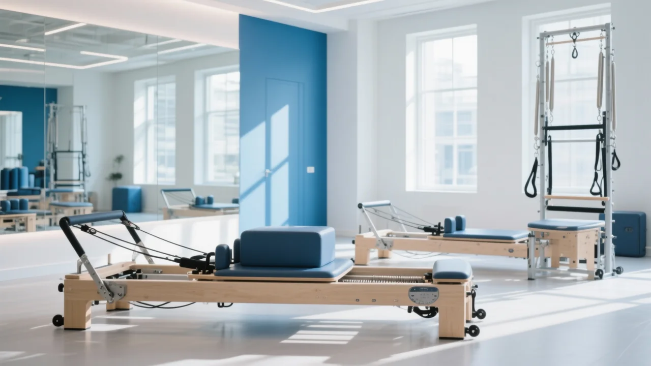Espaço interno do RF Studio Pilates em São Vicente com aparelhos de última geração